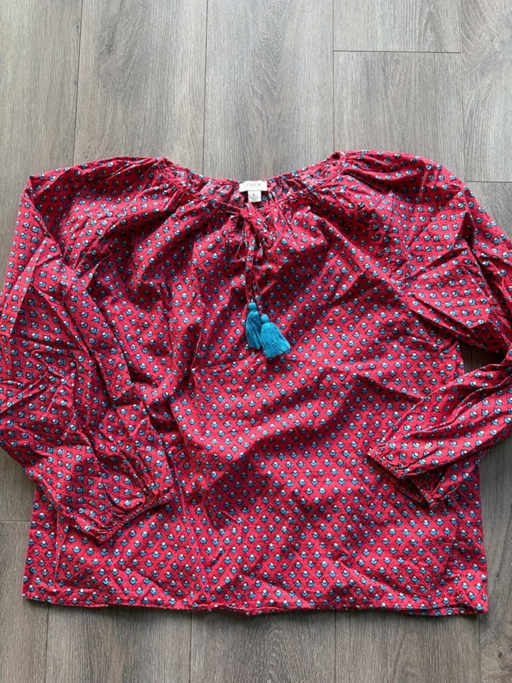 J. Crew Red Printed Peasant Blouse with Blue Tassels - Picture 3 of 4